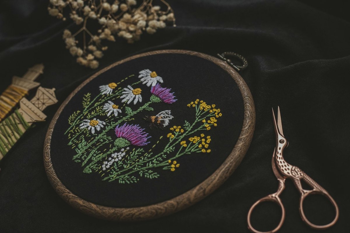 Close-up of embroidery stitching on dark cloth