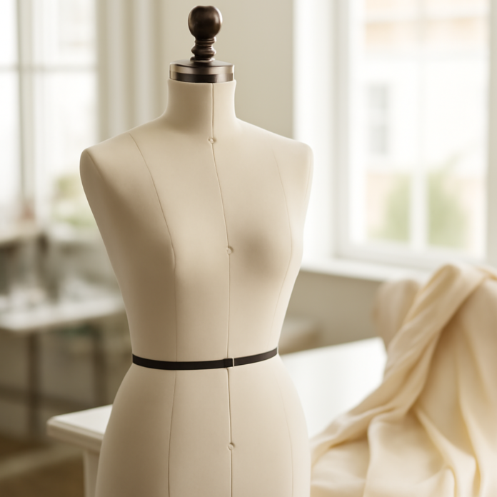 Adjustable dress form mannequin in a bright sewing studio Adjustable dress form mannequin in a bright sewing studio