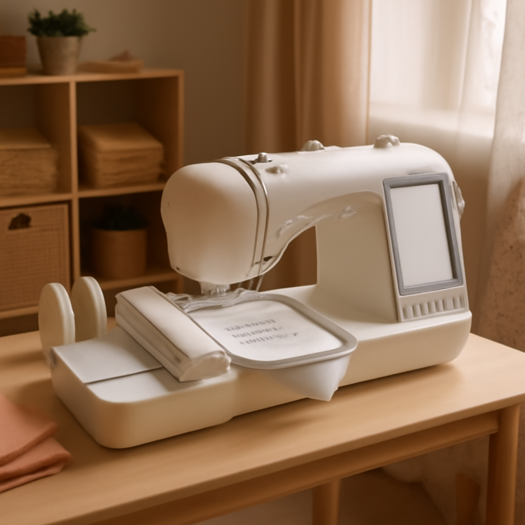 Compact combination sewing and embroidery machine fitting on a small craft table