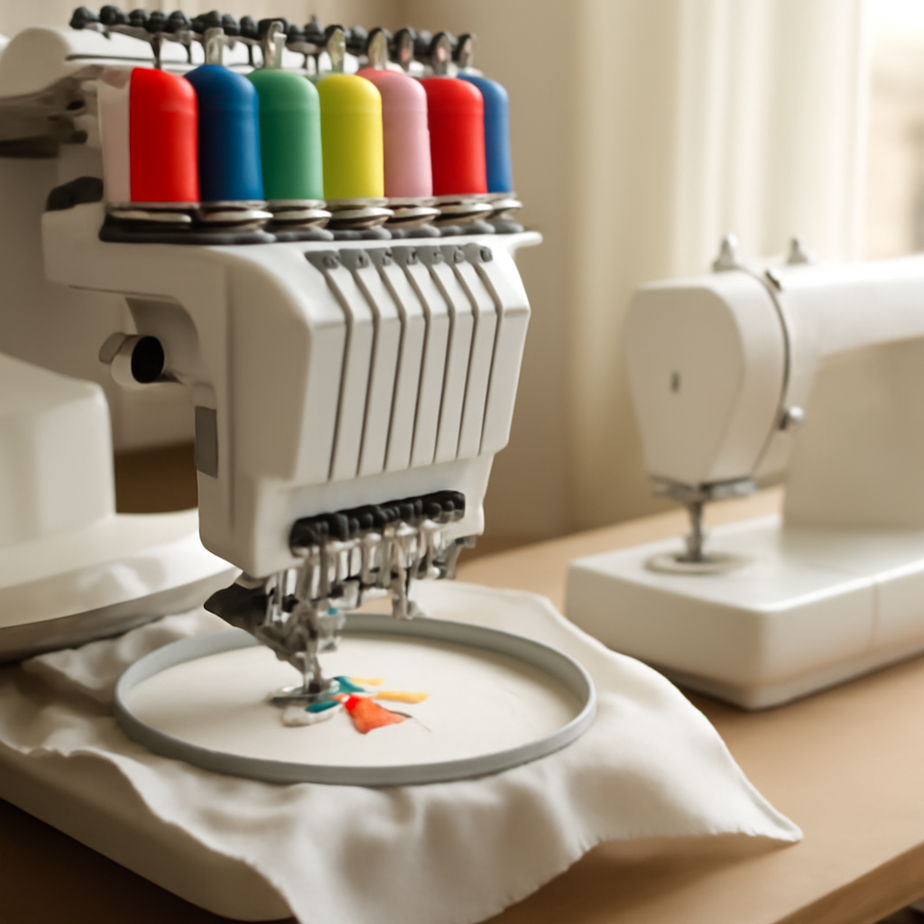 Dedicated multi-needle embroidery machine mid-stitch with colorful thread