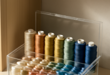 Storing and Organizing Embroidery Thread and Bobbins Neatly organized sewing thread spools and bobbins in a clear storage box