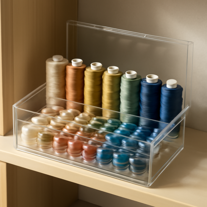 Neatly organized sewing thread spools and bobbins in a clear storage box Neatly organized sewing thread spools and bobbins in a clear storage box