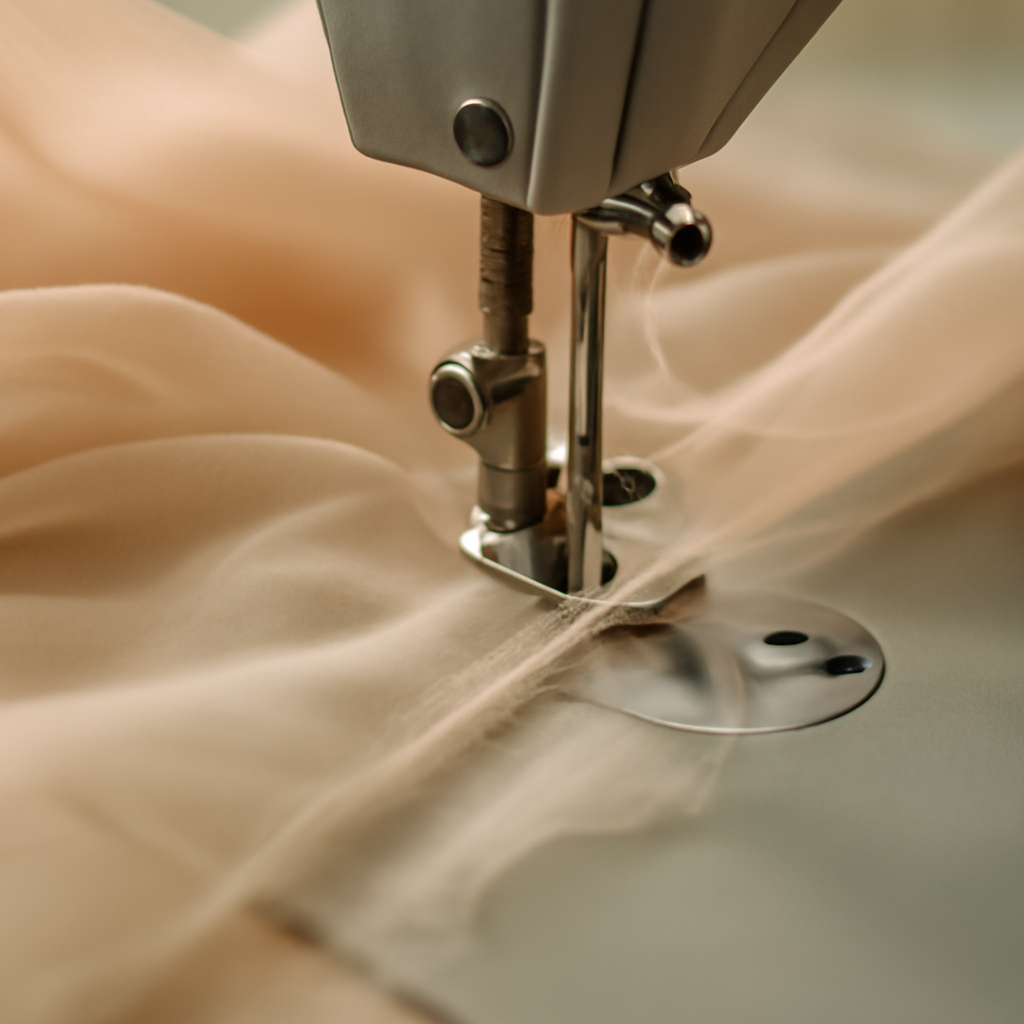 Fine thread stitching through sheer lightweight chiffon fabric