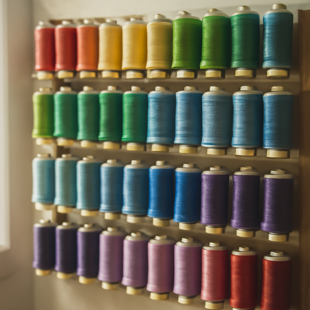 Sewing thread spools organized by color in a rainbow arrangement on a rack