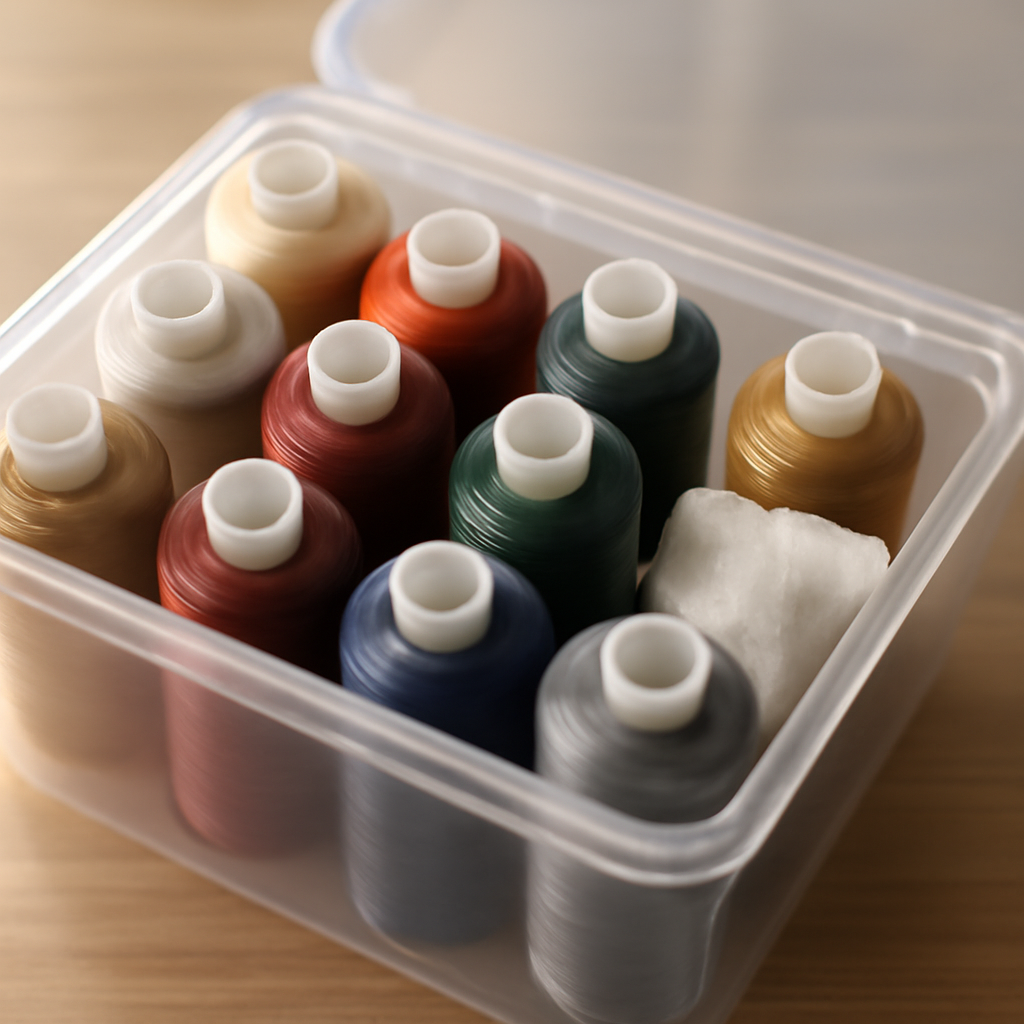 Clear plastic storage container holding thread spools with a desiccant packet