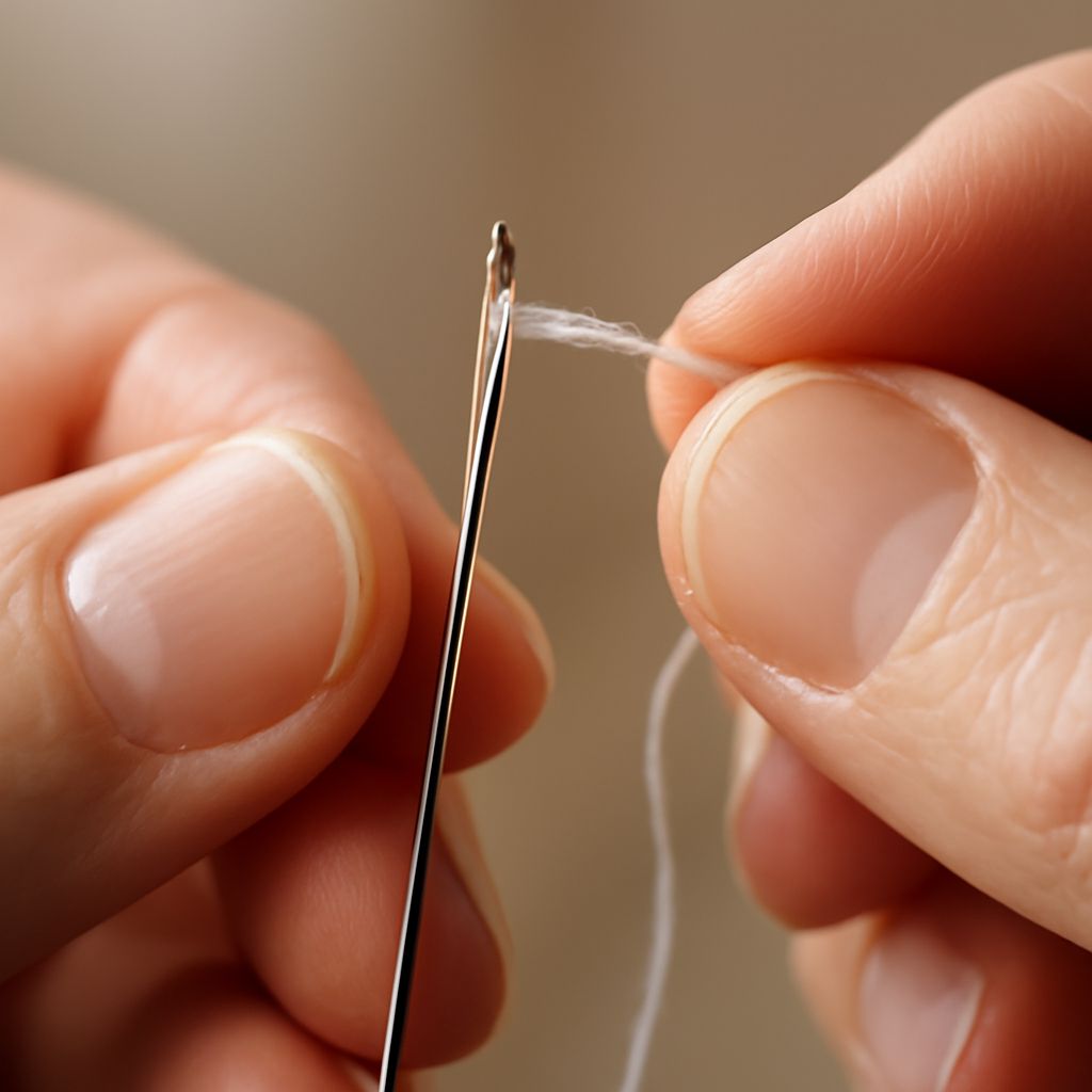 Hands threading a sewing needle with thread